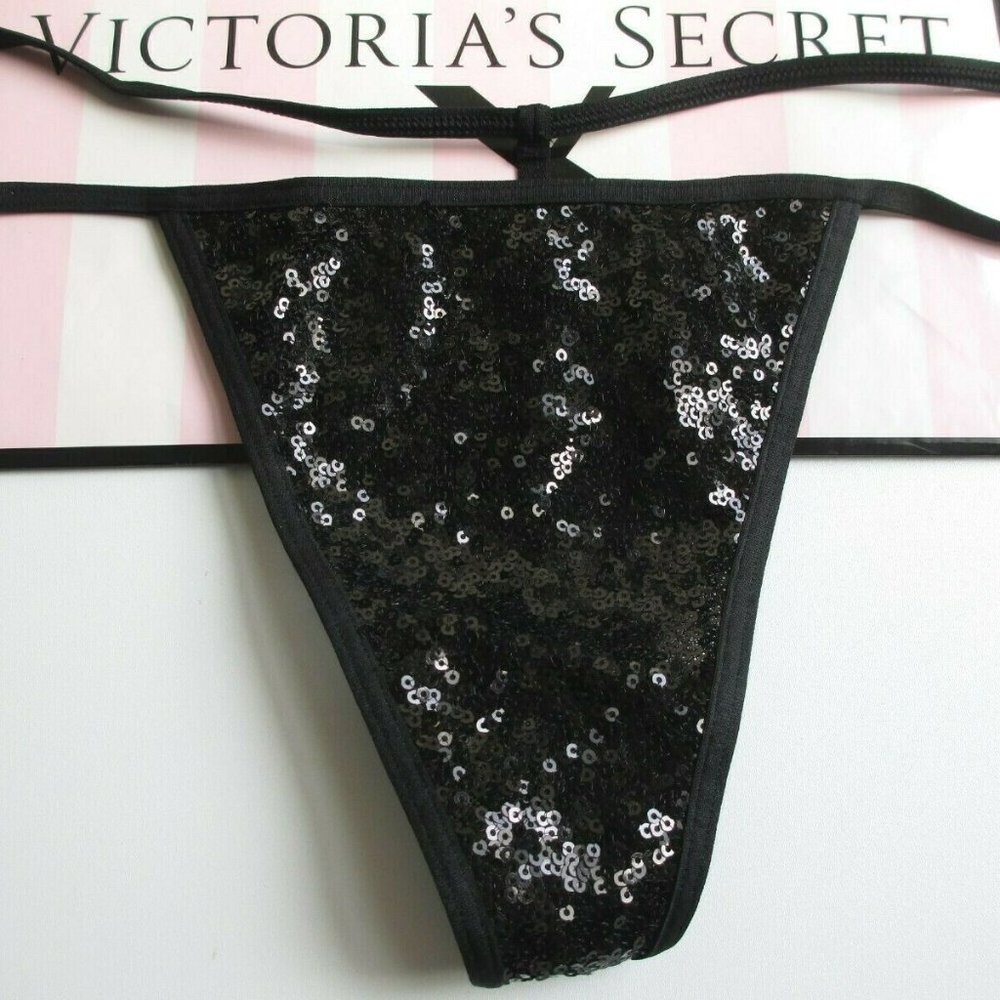 VICTORIA'S SECRET Black Sequin V-String Thong Panty S M L XL Sexy Shine Glitter